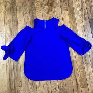 Gibon Royal Blue‎ Cold Shoulder Cutout Zipper Neck Tie Sleeve Blouse Top